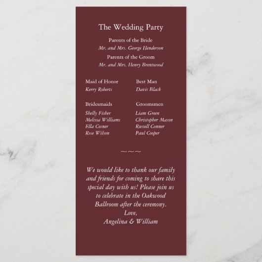 Trouwprogramma - Marsala Twinkle Lights Programmakaart (Achterkant)