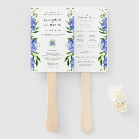 Trouwprogramma met Blauwe Hortensia's Handwaaier (Voorkant en achterkant)