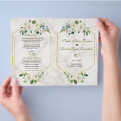 Trouwprogramma met bloemen in Bourgondië en gouden Flyer (Hand)