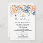 Trouwprogramma met bloemmotief perzik blozend blau kaart (Voorkant / Achterkant)