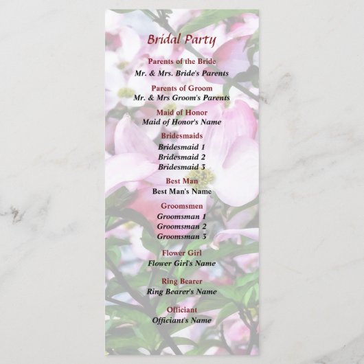 Trouwprogramma met Bloesems van de Roze Cornus Programmakaart (Achterkant)