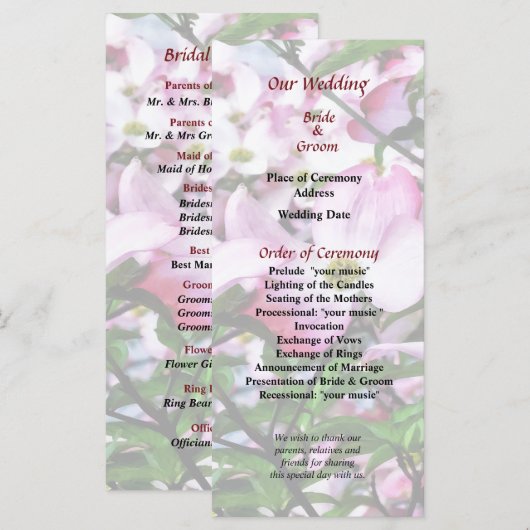 Trouwprogramma met Bloesems van de Roze Cornus Programmakaart (Voorkant / Achterkant)