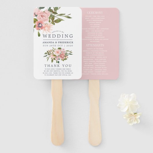 Trouwprogramma met blozende bloemen en roze goud handwaaier (Voorkant en achterkant)