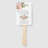 Trouwprogramma met blozende bloemen en roze goud handwaaier (Voorkant)