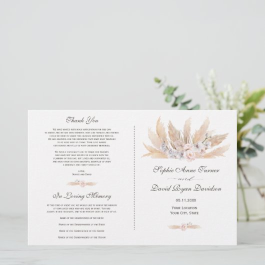 Trouwprogramma met Blush Roze Orchidee en Pampagra (Staand voorkant)