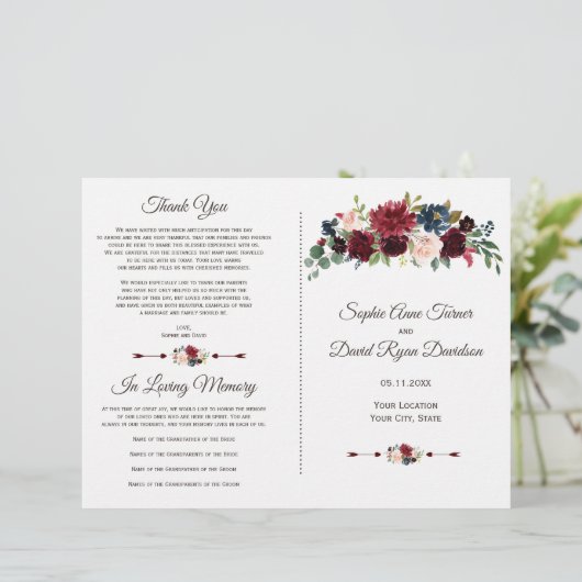 Trouwprogramma met charm Merlot Navy Blue bloemmot (Staand voorkant)