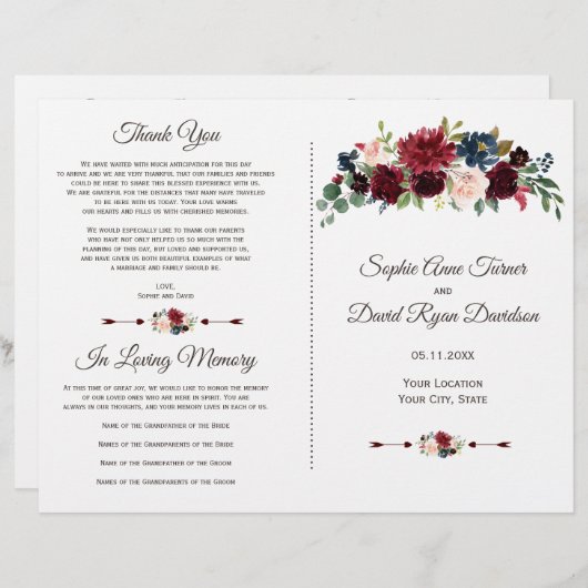 Trouwprogramma met charm Merlot Navy Blue bloemmot (Voorkant / Achterkant)