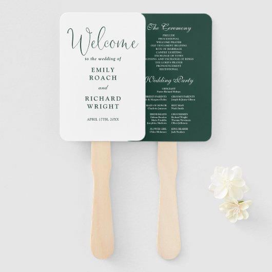 Trouwprogramma met elegante emeraldgroene schrift handwaaier (Voorkant en achterkant)