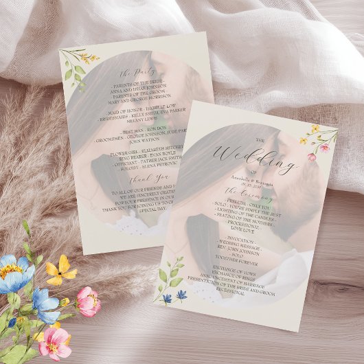 Trouwprogramma met foto van wilde bloemen programmakaart