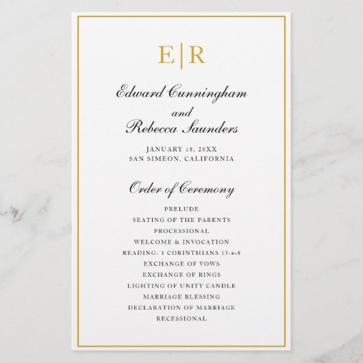Trouwprogramma met gouden monogram op formele begr flyer (Voorkant)