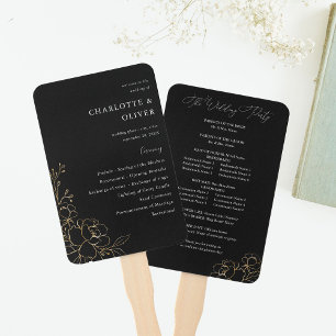 Trouwprogramma met gouden rand en bloemen - Zwart Handwaaier