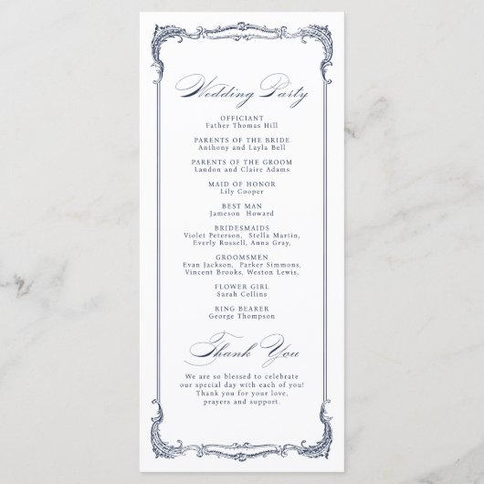 Trouwprogramma met klassiek script en marineblauwe menu (Achterkant)