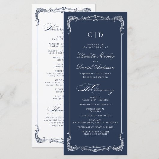 Trouwprogramma met klassiek script en marineblauwe menu (Voorkant / Achterkant)