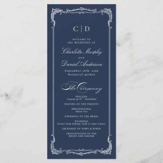 Trouwprogramma met klassiek script en marineblauwe menu (Voorkant)