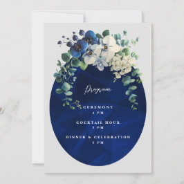Trouwprogramma met marineblauw bloemmotief kaart