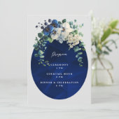 Trouwprogramma met marineblauw bloemmotief kaart (Staand voorkant)