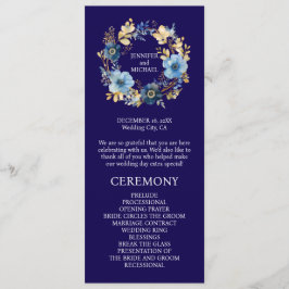 Trouwprogramma met marineblauwe en gouden bloemen programmakaart