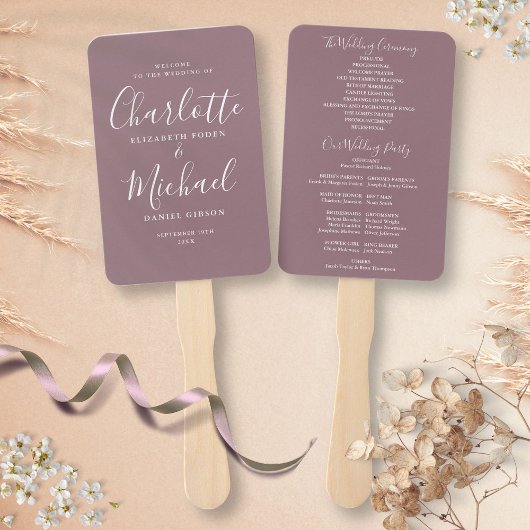 Trouwprogramma met mauve handtekening schrift handwaaier
