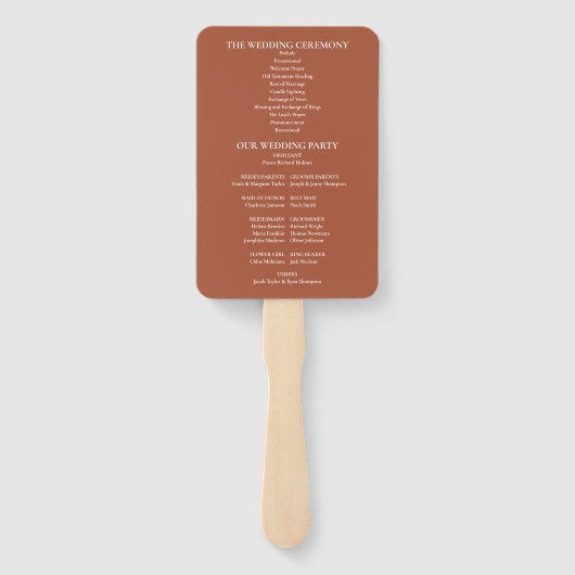 Trouwprogramma met modern terracotta monogram handwaaier (Achterkant)