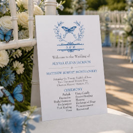 Trouwprogramma met monogram en blauwe vlinder kaart