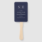 Trouwprogramma met Navy Blauw en Gouden Monogram Handwaaier (Voorkant)