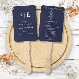Trouwprogramma met Navy Blauw en Gouden Monogram Handwaaier