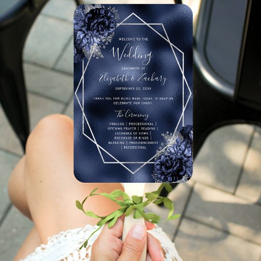 Trouwprogramma met Navy Blauwe Bloemen en Zilver F Handwaaier