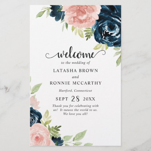 Trouwprogramma met Navy Blauwe en Roze Bloemen voo Flyer (Voorkant)