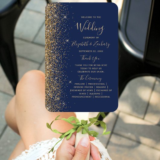 Trouwprogramma met Navy Blauwe Gouden Glitterrand Handwaaier
