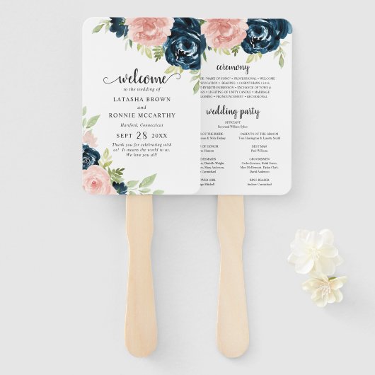 Trouwprogramma met Navy Blauwe Roze Bloemen Handwaaier (Voorkant en achterkant)