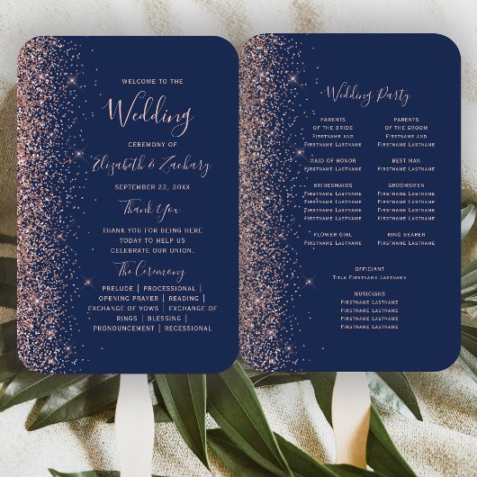 Trouwprogramma met Navy Blauwe Roze Gouden Glitter Handwaaier