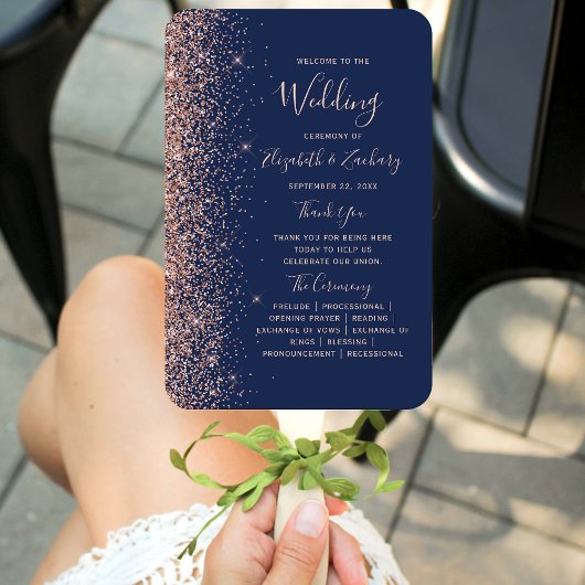 Trouwprogramma met Navy Blauwe Roze Gouden Glitter Handwaaier