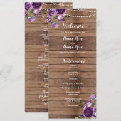 Trouwprogramma met paarse bloemen hout rustieke bl programmakaart (Voorkant / Achterkant)