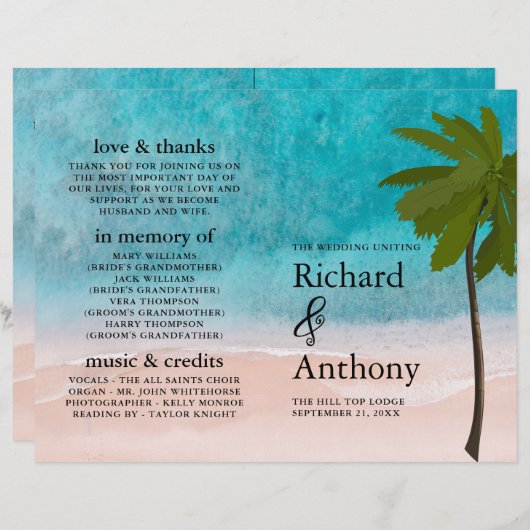 Trouwprogramma met palmboom aan het strand (Voorkant / Achterkant)