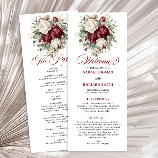 Trouwprogramma met Premium Blush Burgundy Bloemen Programmakaart