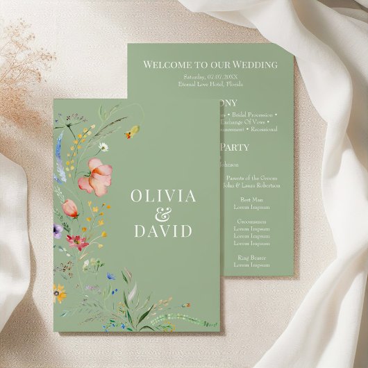 Trouwprogramma met saliegroene wilde bloemen kaart