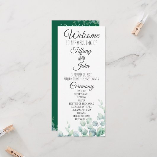 Trouwprogramma met smaragdgroene eucalyptus kaart (Voorkant / Achterkant in situ)