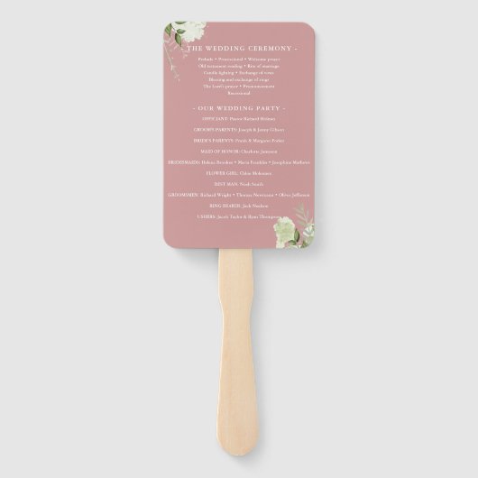 Trouwprogramma met stoffige roos bloemengroen handwaaier (Achterkant)