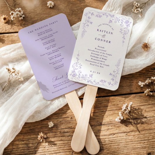 Trouwprogramma met vintage lavendel Franse bloemmo Handwaaier