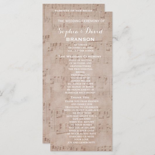 Trouwprogramma met vintage-muziekblad aangepast programmakaart (Voorkant / Achterkant)