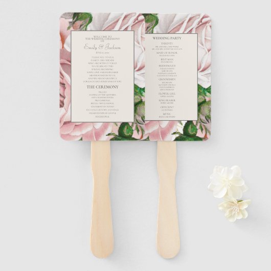 Trouwprogramma met waterverf bloemmotief in roze t handwaaier (Voorkant en achterkant)