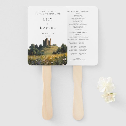 Trouwprogramma met wilde bloemen bloemenkasteel handwaaier (Voorkant en achterkant)
