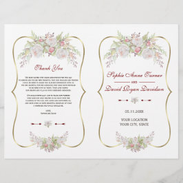 Trouwprogramma met witte bloemen en gouden lijst '
