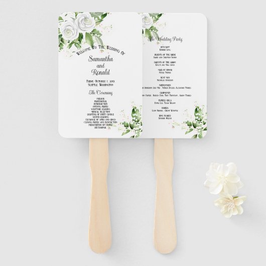Trouwprogramma met witte rozen en baby's adem handwaaier (Voorkant en achterkant)