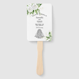 Trouwprogramma met witte rozen en baby's adem handwaaier