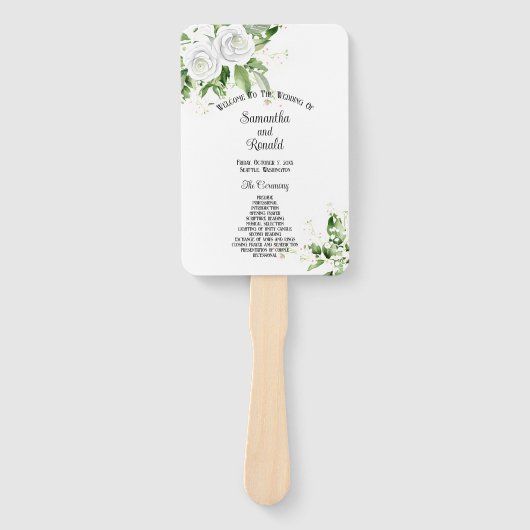 Trouwprogramma met witte rozen en baby's adem handwaaier (Voorkant)