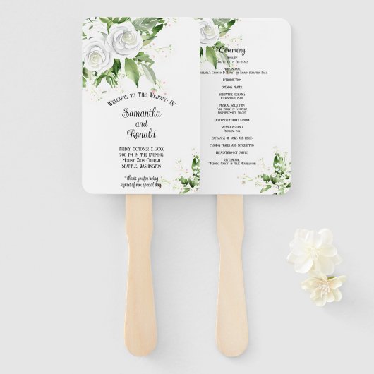 Trouwprogramma met Witte Rozen en Gipsbloemen Handwaaier (Voorkant en achterkant)