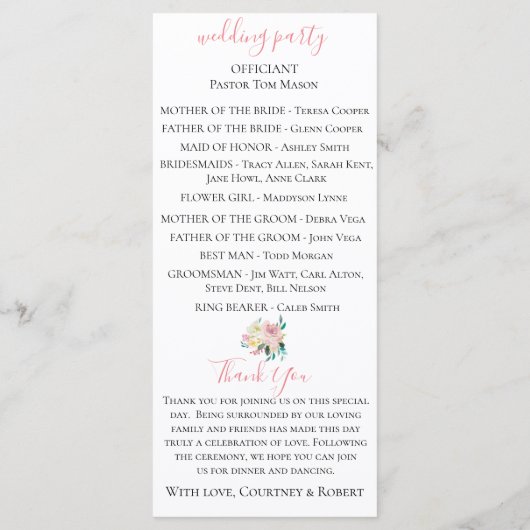 Trouwprogramma met zomerse bloemen in pasteltinten programmakaart (Achterkant)