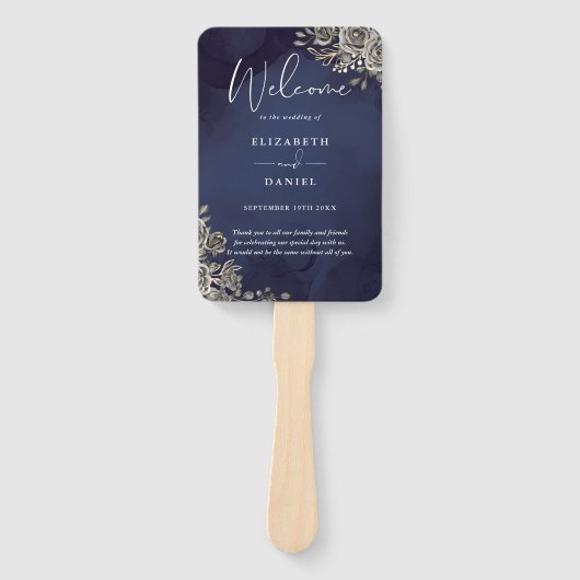 Trouwprogramma 'Midnight Blue Gothic Floral' Handwaaier (Voorkant)