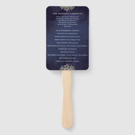 Trouwprogramma 'Midnight Blue Gothic Floral' Handwaaier (Achterkant)